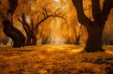 Autumn trees, light orange gold forest. Generative AI.