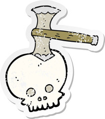 retro distressed sticker of a cartoon axe in skull