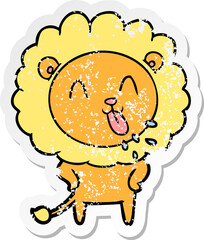 distressed sticker of a happy cartoon lion