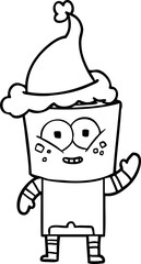 happy hand drawn line drawing of a robot waving hello wearing santa hat