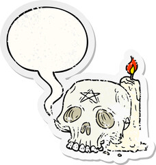 cartoon spooky skull and candle with speech bubble distressed distressed old sticker