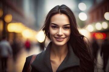 Young Woman with Flawless Skin Walking Down the Street. Ai generated.