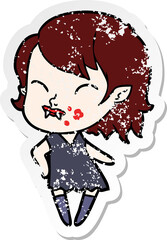 distressed sticker of a cartoon vampire girl with blood on cheek