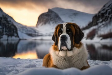A Saint Bernard dog on the snow. Ai generated.