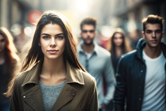 Young and pretty woman confidently walks down a street with friends. Ai generated.