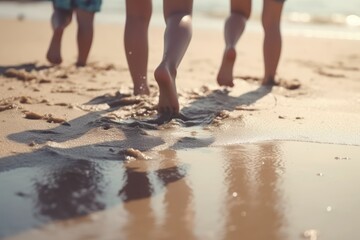 Kids play on the beach, children feet on wet sand close up. Summer vacations. Generative AI