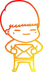 warm gradient line drawing of a cartoon smug boy carrying present