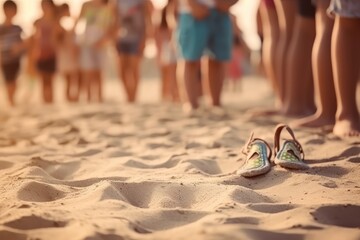 Fototapeta na wymiar Kids play on the beach, children feet on wet sand close up. Summer vacations. Generative AI