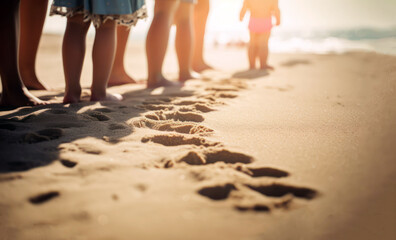 Kids play on the beach, children feet on wet sand close up. Summer vacations. Generative AI