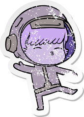 distressed sticker of a cartoon curious astronaut