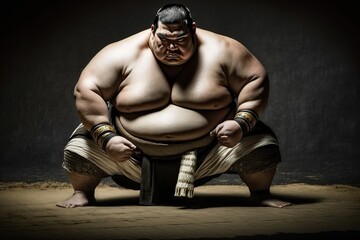 Japanese sumo wrestler in concentrated position. Ai generated. - obrazy, fototapety, plakaty