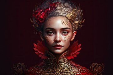 Illustration of the face of a young woman made up and dressed in a dress that inspires the flames of a passionate fire. Ai generated.