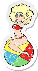 retro distressed sticker of a cartoon pin up girl sitting on ball