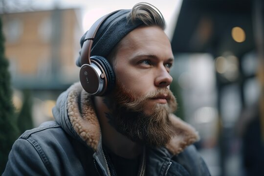 Attractive Young Bearded Man Listening To Music On The Street. Ai Generated.