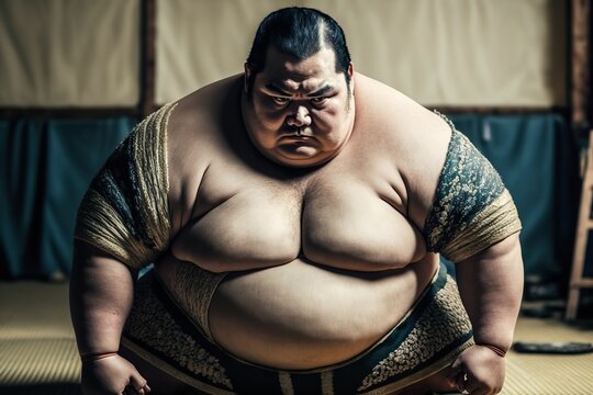 Japanese sumo wrestler in concentrated position. Ai generated.