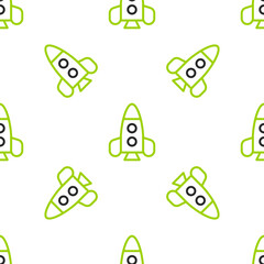 Line Rocket ship toy icon isolated seamless pattern on white background. Space travel. Vector