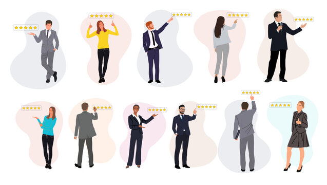 Business people leave five star rating and service satisfaction feedback. Different men and women in formal suit give a review rating and feedback. Vector Illustration on transparent background.