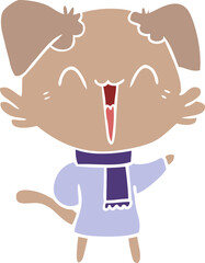 happy little flat color style cartoon dog in winter clothes