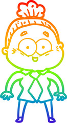 rainbow gradient line drawing of a cartoon happy old woman