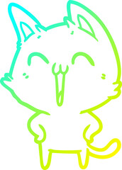 cold gradient line drawing of a happy cartoon cat meowing