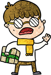 cartoon boy holding gift and wearing spectacles