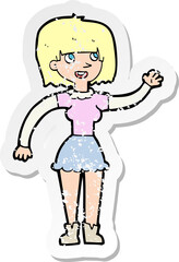 retro distressed sticker of a cartoon girl waving