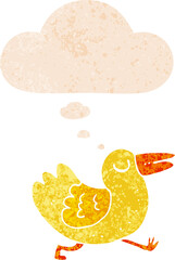 cartoon bird with thought bubble in grunge distressed retro textured style