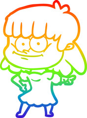 rainbow gradient line drawing of a cartoon smiling woman