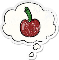 cartoon cherry with thought bubble as a distressed worn sticker