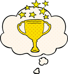 cartoon sports trophy with thought bubble in comic book style