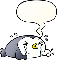cartoon crying penguin with speech bubble in smooth gradient style