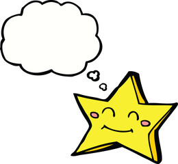 cartoon happy star character with thought bubble