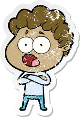 distressed sticker of a cartoon man gasping in surprise