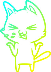 cold gradient line drawing of a cartoon cat hissing
