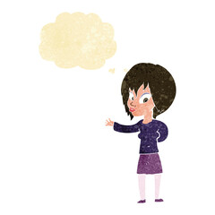 cartoon woman making welcome gesture with thought bubble