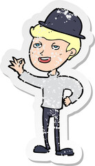 retro distressed sticker of a cartoon man in bolwer hat