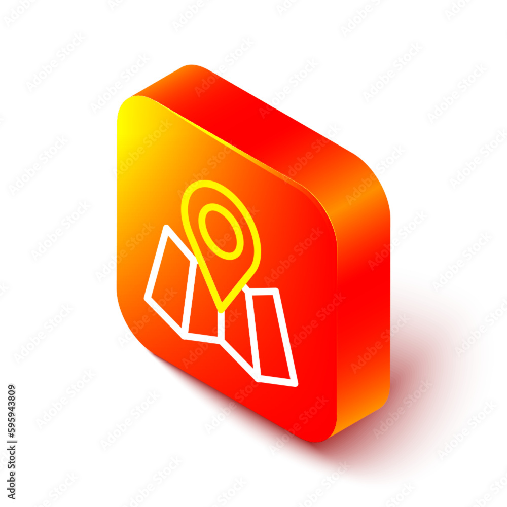 Poster isometric line folded map with location marker icon isolated on white background. orange square butt