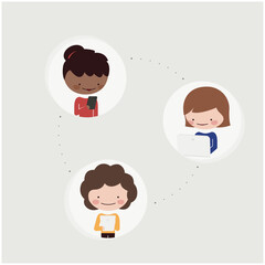 Mujeres con diferentes tecnologías: celular, tableta, computadora portátil, notebook, telefono movil. Vector de comunicación e interacción en línea, redes sociales, chicas trabajando o estudiando