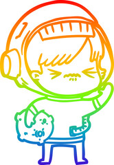 rainbow gradient line drawing of a cartoon astronaut woman