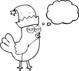 freehand drawn thought bubble cartoon robin in christmas hat