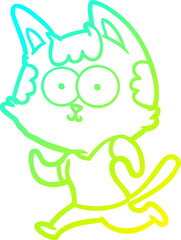 cold gradient line drawing of a happy cartoon cat jogging