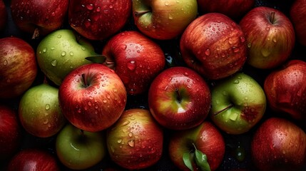 Top down view of fresh apples with waterdrops. AI Generative Art.
