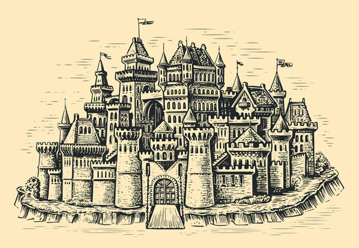 Medieval town. Stone castle with towers. Cityscape in vintage engraving style. Sketch vector illustration