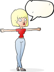 freehand drawn speech bubble cartoon woman spreading arms