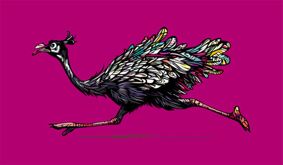Colored vector  inked style ostrich wall art