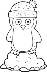 freehand drawn black and white cartoon penguin wearing hat