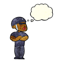 cartoon security guard with thought bubble