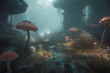 Naklejka na ściany i meble A fantasy forest with flowers, mushrooms, and fog. Generative AI