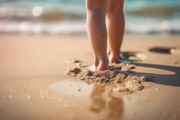 Kid play on the beach, child feet on wet sand close up. Summer vacations. Generative AI