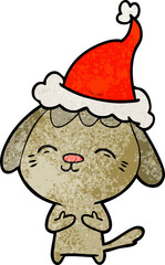 happy hand drawn textured cartoon of a dog wearing santa hat